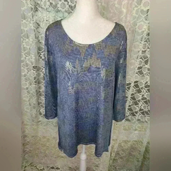 PECK & PECK  Sheer Light Blue Metallic Gold Top Size L - Picture 2 of 11